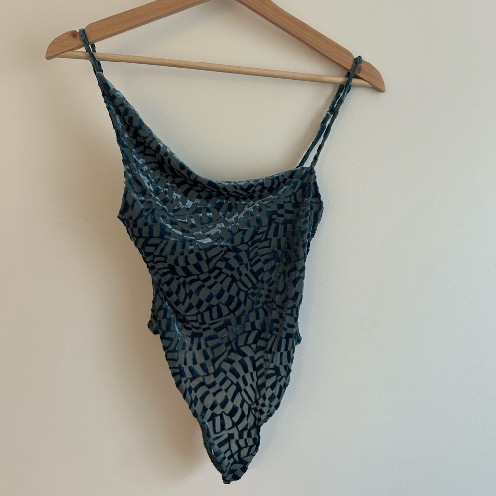 Urban Outfitters Teal Blue Patterned Cowl Neck Bodysuit
